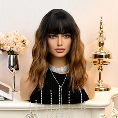 Shoulder Length Straight Wig With Highlights Neat Bangs