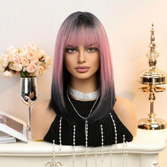 Shoulder Length Straight Wig With Highlights Neat Bangs