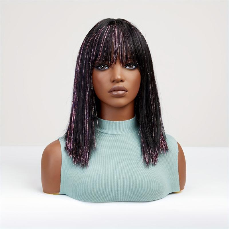 Shoulder Length Straight Wig With Highlights Neat Bangs