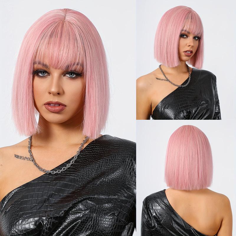 30 48 cm Pink Wig With Bangs Short Synthetic Bob Wig For Women