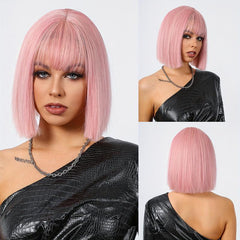 30 48 cm Pink Wig With Bangs Short Synthetic Bob Wig For Women