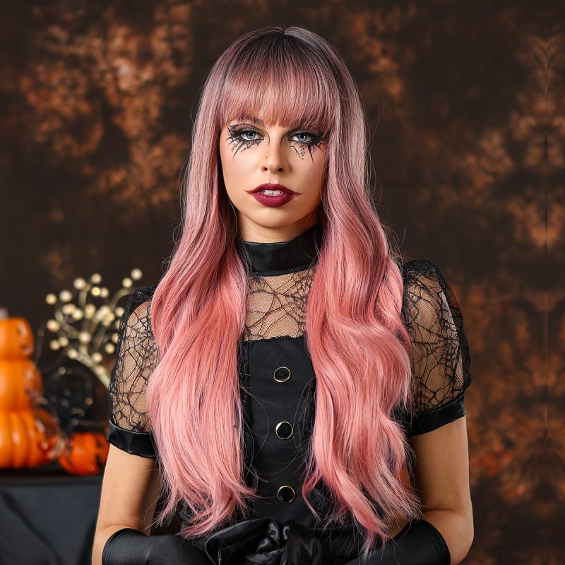 30 48 cm Pink Wig With Bangs Short Synthetic Bob Wig For Women