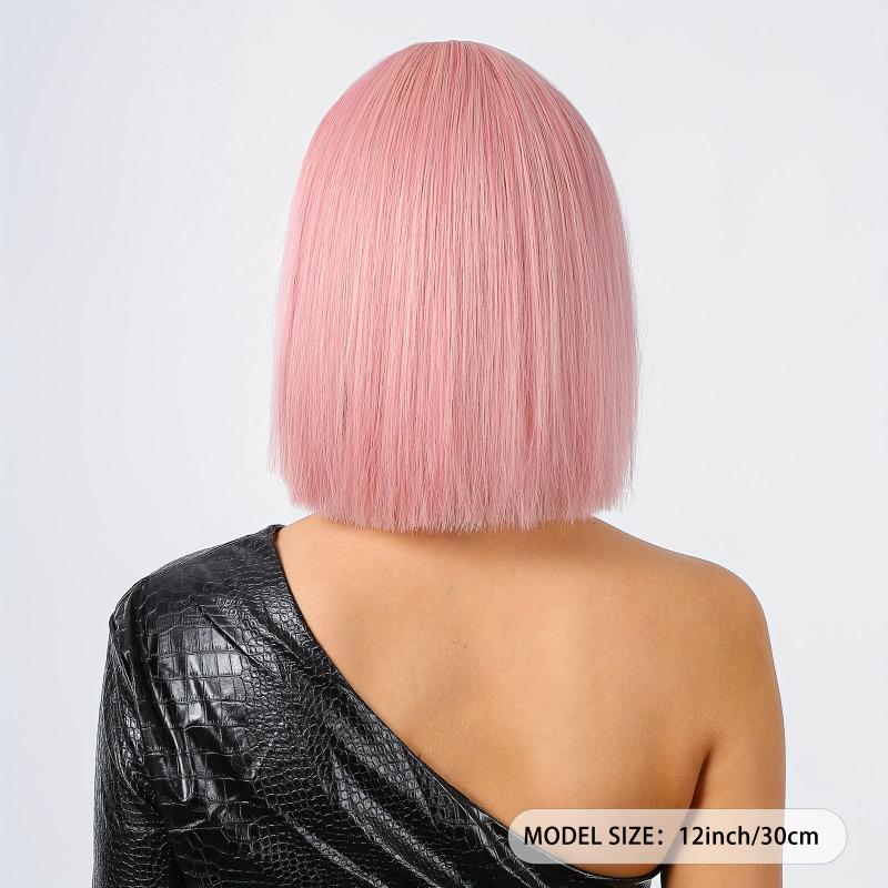 30 48 cm Pink Wig With Bangs Short Synthetic Bob Wig For Women