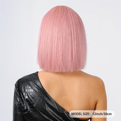 30 48 cm Pink Wig With Bangs Short Synthetic Bob Wig For Women