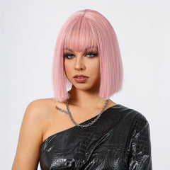 30 48 cm Pink Wig With Bangs Short Synthetic Bob Wig For Women
