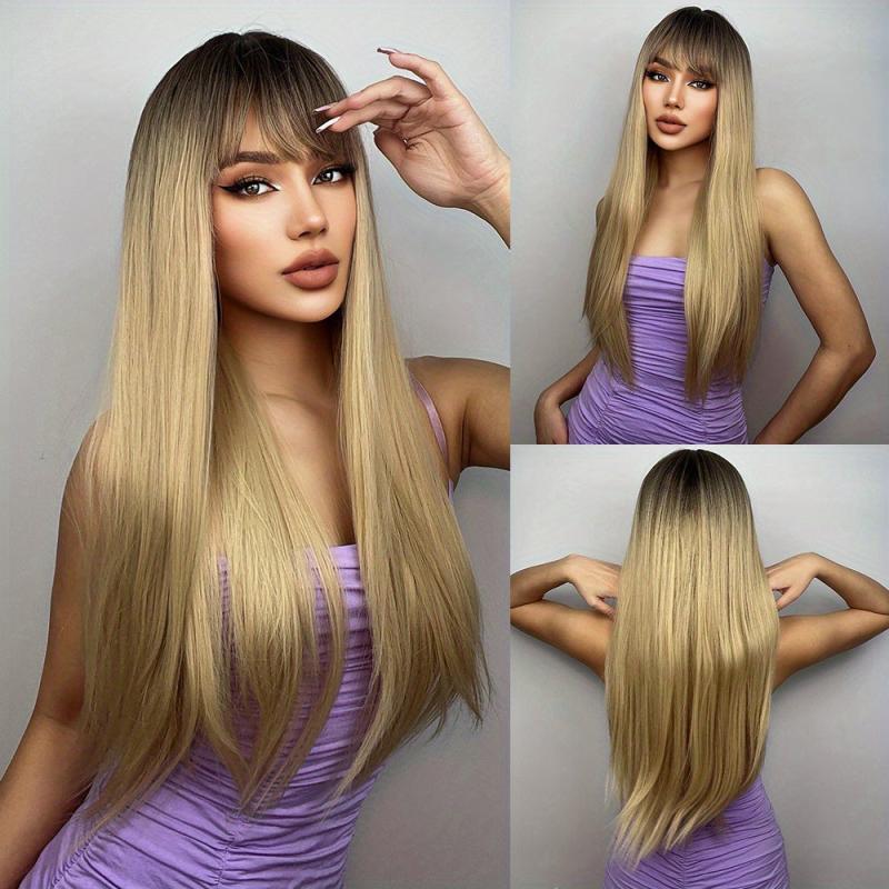 12 Cm Ombre Blonde Straight Hair Wigs With Bangs Synthetic Fiber Hair Wigs