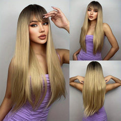 12 Cm Ombre Blonde Straight Hair Wigs With Bangs Synthetic Fiber Hair Wigs