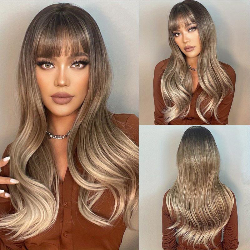 12 Cm Ombre Blonde Straight Hair Wigs With Bangs Synthetic Fiber Hair Wigs