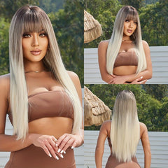 12 Cm Ombre Blonde Straight Hair Wigs With Bangs Synthetic Fiber Hair Wigs