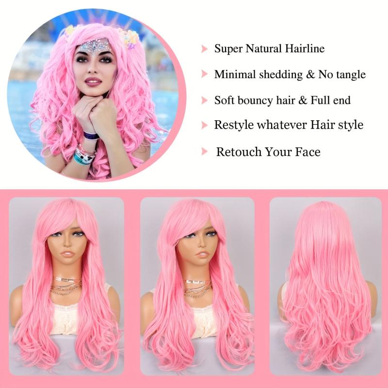 Long Pink Wavy Wig for Women 60-96 cm Full Synthetic Wig for Daily Cosplay