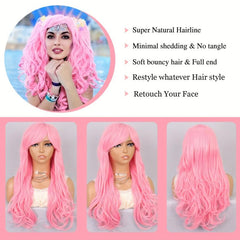 Long Pink Wavy Wig for Women 60-96 cm Full Synthetic Wig for Daily Cosplay