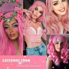 Long Pink Wavy Wig for Women 60-96 cm Full Synthetic Wig for Daily Cosplay