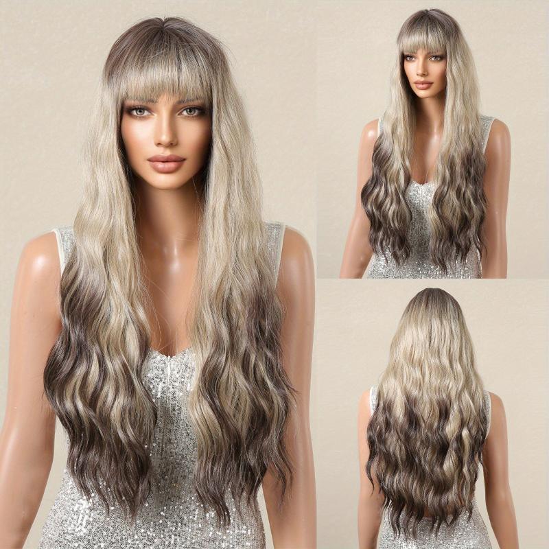 71 12 Cm Champagne Blonde Wavy Curly Highlight Wig with Bangs
