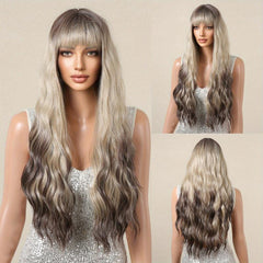 71 12 Cm Champagne Blonde Wavy Curly Highlight Wig with Bangs