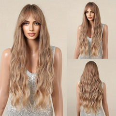 71 12 Cm Champagne Blonde Wavy Curly Highlight Wig with Bangs