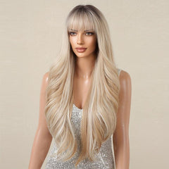 71 12 Cm Champagne Blonde Wavy Curly Highlight Wig with Bangs
