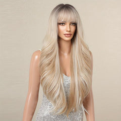 71 12 Cm Champagne Blonde Wavy Curly Highlight Wig with Bangs