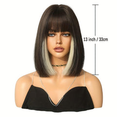 Short Straight Bob Wigs With Bangs Mixed Blonde Synthetic Highlight Wig