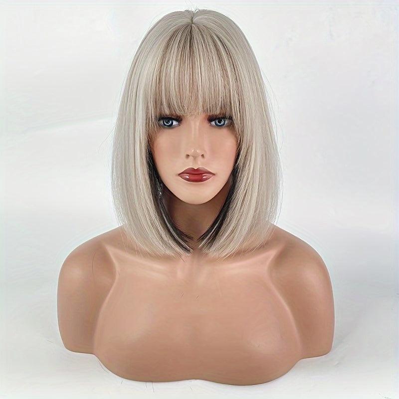 Short Straight Bob Wigs With Bangs Mixed Blonde Synthetic Highlight Wig