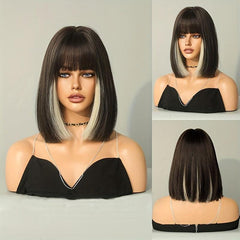 Short Straight Bob Wigs With Bangs Mixed Blonde Synthetic Highlight Wig