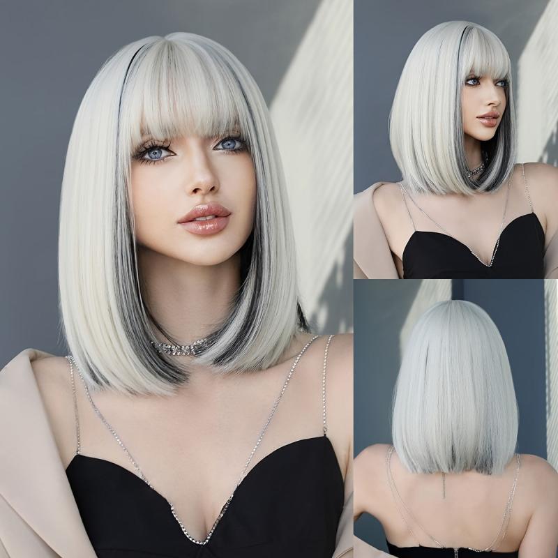 Short Straight Bob Wigs With Bangs Mixed Blonde Synthetic Highlight Wig