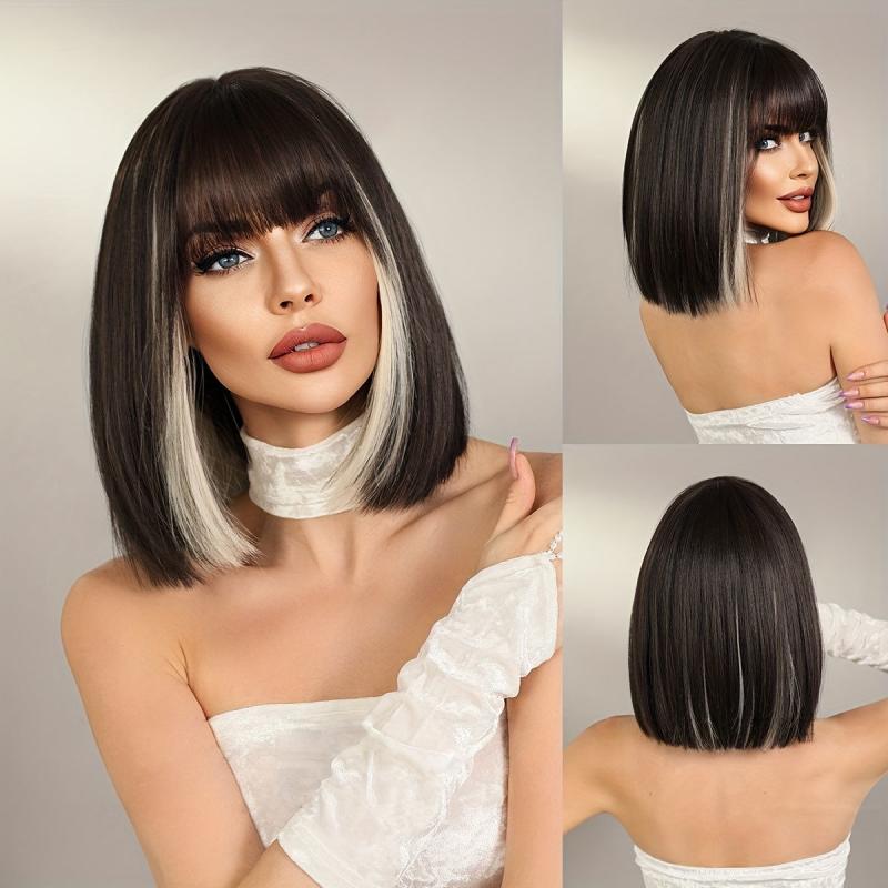 Short Straight Bob Wigs With Bangs Mixed Blonde Synthetic Highlight Wig