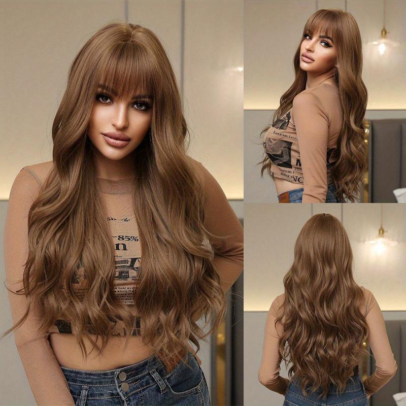66cm Pink Curly Wavy Hair Wigs Middle Part Synthetic Hair None Lace for Women