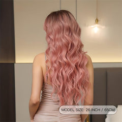 66cm Pink Curly Wavy Hair Wigs Middle Part Synthetic Hair None Lace for Women