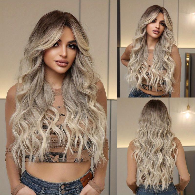 66cm Pink Curly Wavy Hair Wigs Middle Part Synthetic Hair None Lace for Women