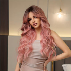 66cm Pink Curly Wavy Hair Wigs Middle Part Synthetic Hair None Lace for Women