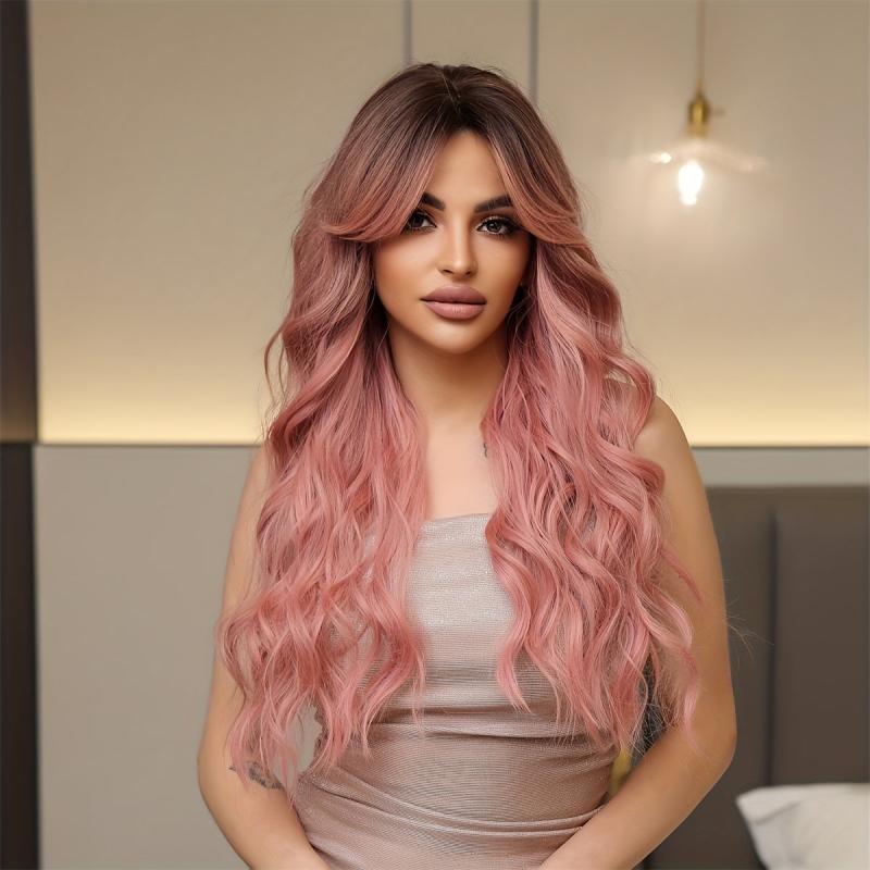 66cm Pink Curly Wavy Hair Wigs Middle Part Synthetic Hair None Lace for Women
