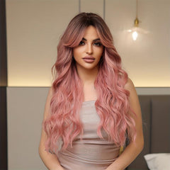 66cm Pink Curly Wavy Hair Wigs Middle Part Synthetic Hair None Lace for Women