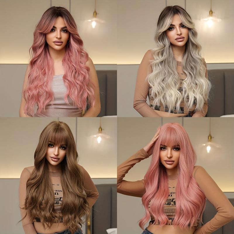 66cm Pink Curly Wavy Hair Wigs Middle Part Synthetic Hair None Lace for Women