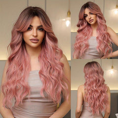 66cm Pink Curly Wavy Hair Wigs Middle Part Synthetic Hair None Lace for Women