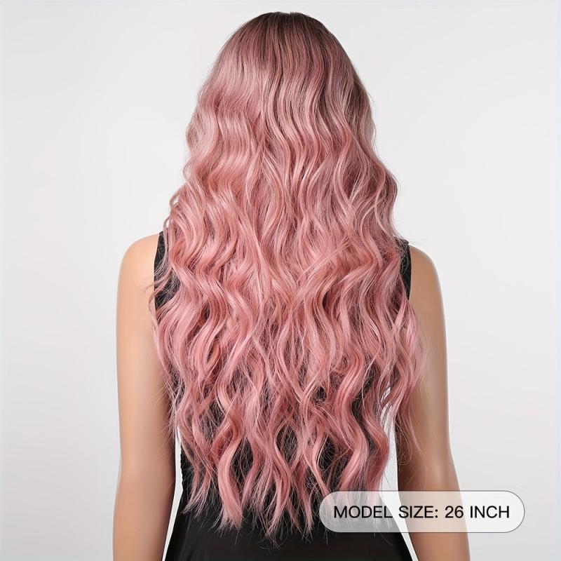 66 04 Cm Pink Long Curly Wigs With Bangs Synthetic Hair Replacement Wigs