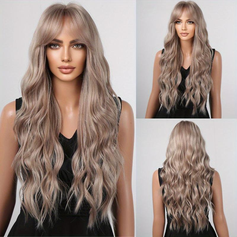 66 04 Cm Pink Long Curly Wigs With Bangs Synthetic Hair Replacement Wigs
