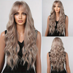 66 04 Cm Pink Long Curly Wigs With Bangs Synthetic Hair Replacement Wigs