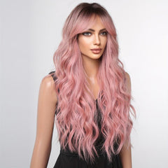 66 04 Cm Pink Long Curly Wigs With Bangs Synthetic Hair Replacement Wigs