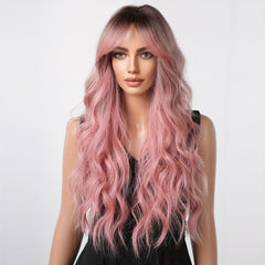 66 04 Cm Pink Long Curly Wigs With Bangs Synthetic Hair Replacement Wigs