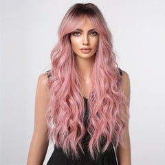 66 04 Cm Pink Long Curly Wigs With Bangs Synthetic Hair Replacement Wigs