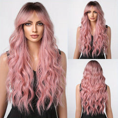 66 04 Cm Pink Long Curly Wigs With Bangs Synthetic Hair Replacement Wigs