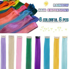 6 pcs Multicolored Clip In Hair Extensions for Parties Halloween and Cosplay