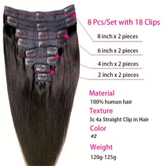 Double Weft Human Hair Clip In Extensions 120g 8pcs 24 inches