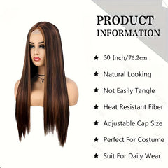 Brown Long Straight Hair Wigs 76 2 Cm Lace Front Synthetic Hair Wigs