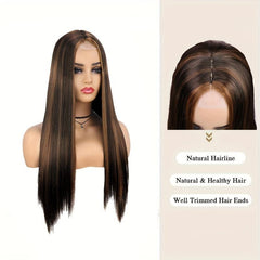 Brown Long Straight Hair Wigs 76 2 Cm Lace Front Synthetic Hair Wigs