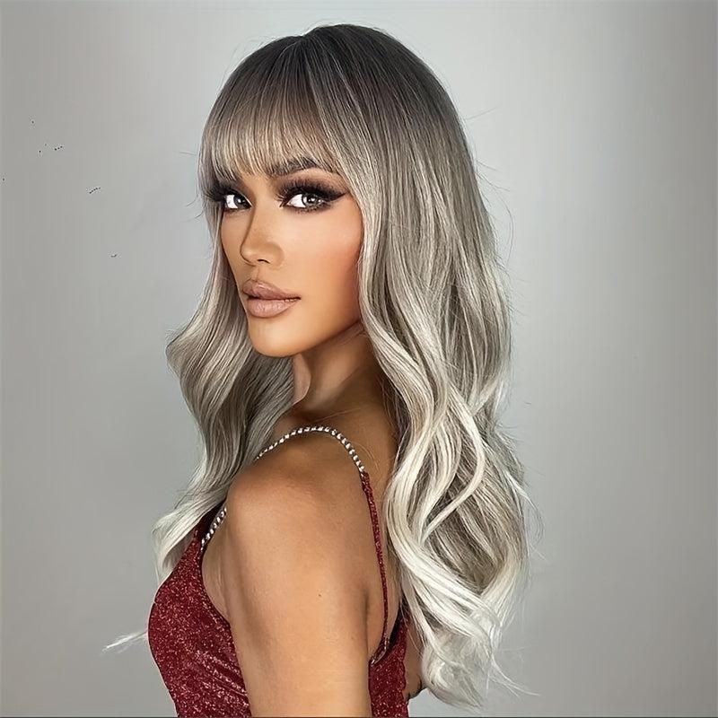 Ombre Long Curly Wavy Wig With Bangs Synthetic Wig Heat Resistant