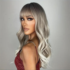 Ombre Long Curly Wavy Wig With Bangs Synthetic Wig Heat Resistant