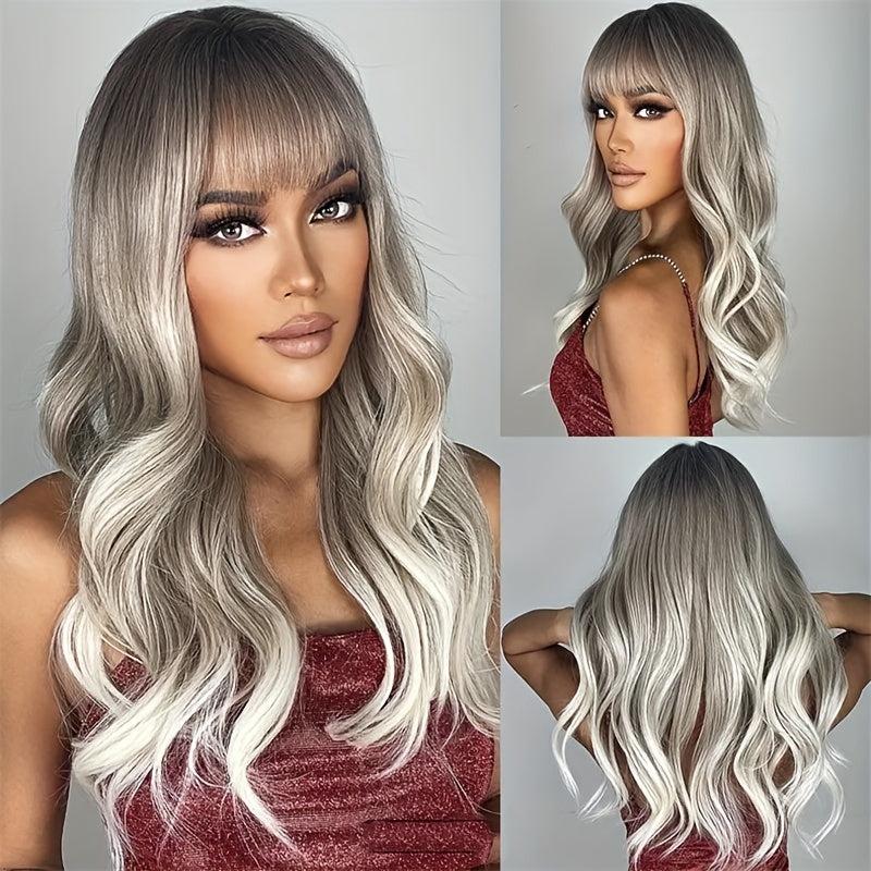 Ombre Long Curly Wavy Wig With Bangs Synthetic Wig Heat Resistant