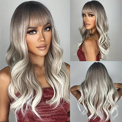 Ombre Long Curly Wavy Wig With Bangs Synthetic Wig Heat Resistant