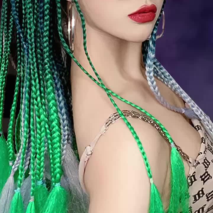 Green Braided Hairpieces Long Synthetic Wig for Women 12 Pcs Set